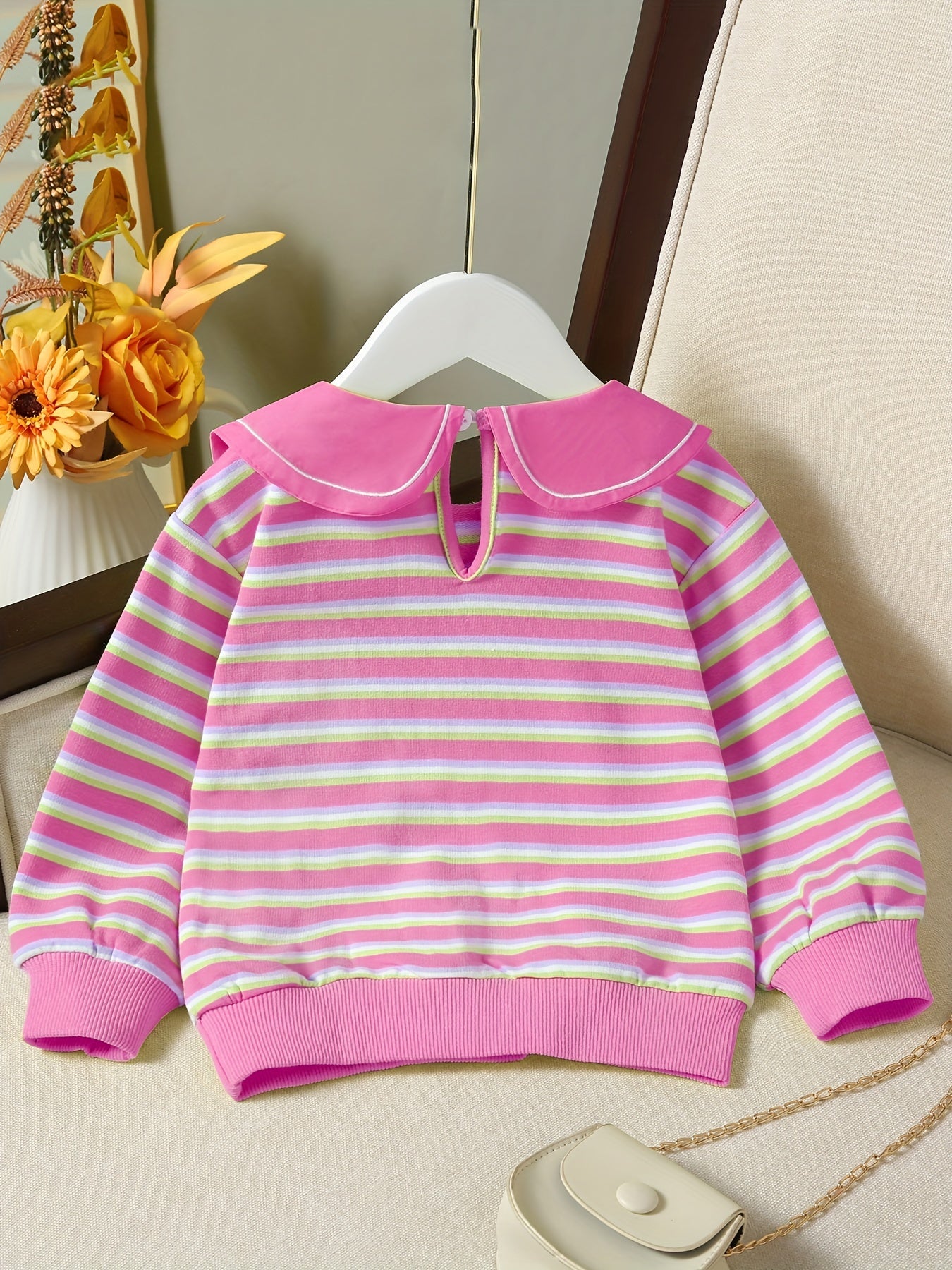 Girls' Striped Graphic Sweatshirt with Sweet Collar