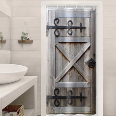 Gray Barn Door Vintage Fabric Shower Curtain Waterproof w/ Plastic Hooks