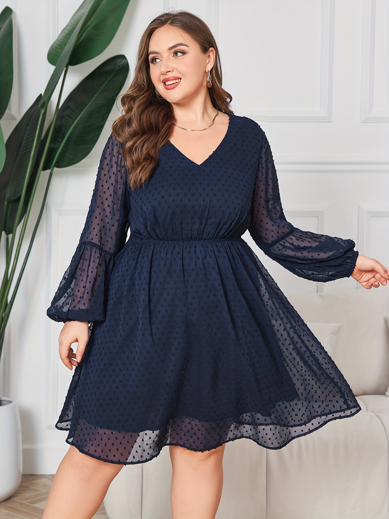 Solid Flocked Dot Lantern Sleeve V Neck Layered Dress