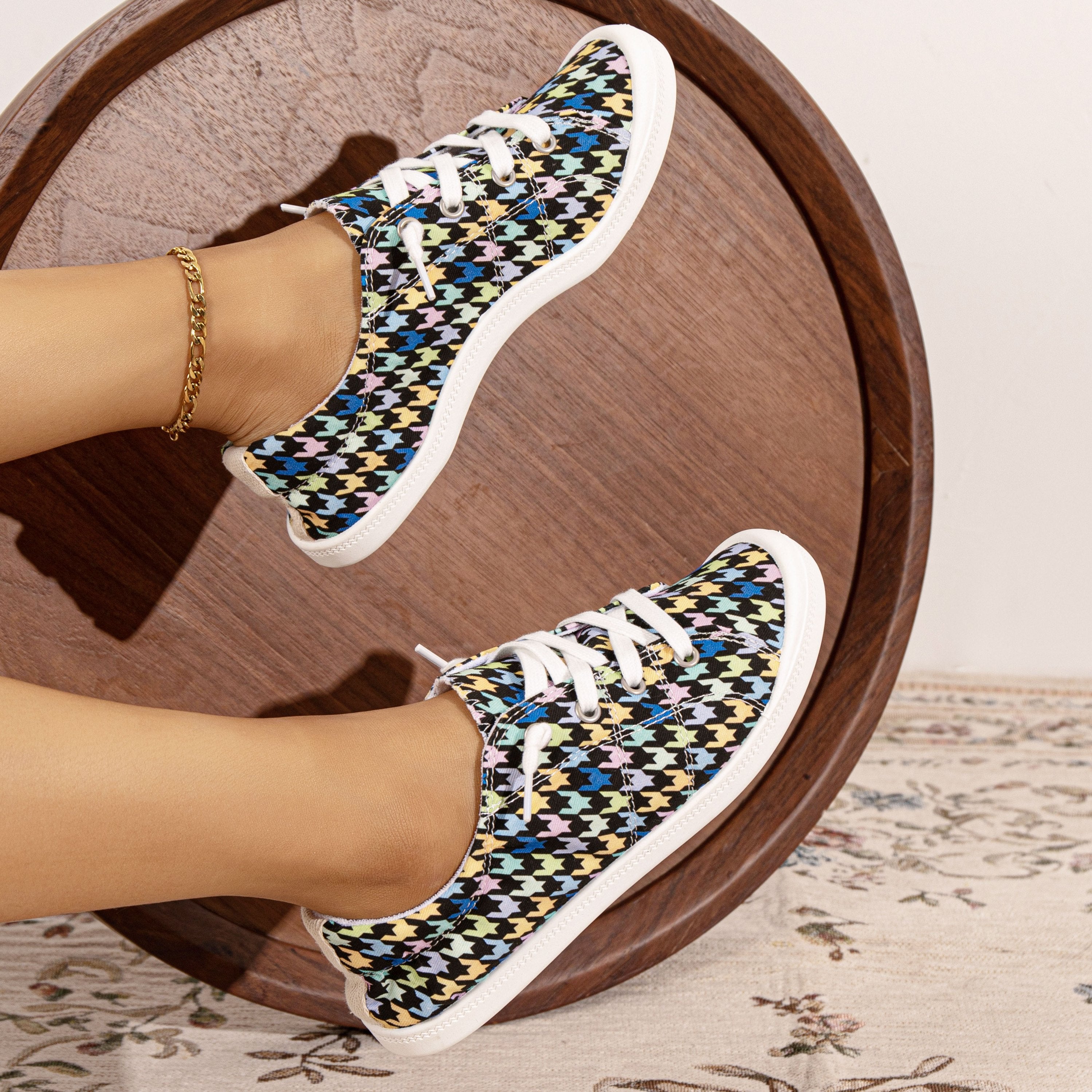 Women's Colored Houndstooth Canvas Shoes Lace Up Flat Sneakers