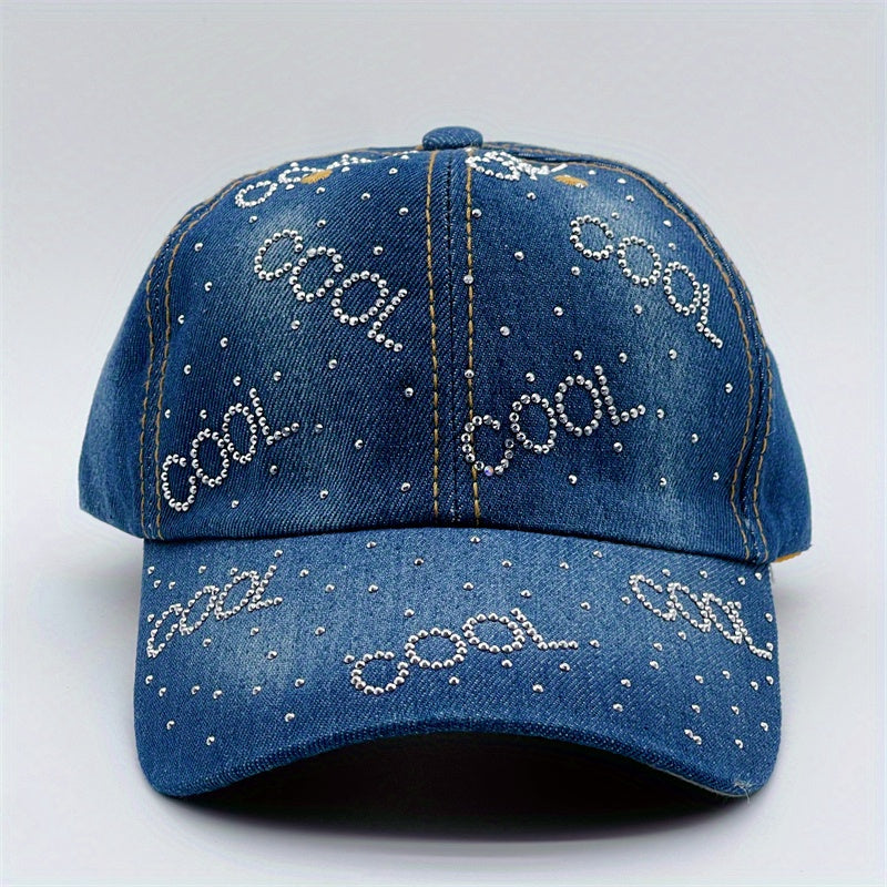 Rhinestone Decor Denim Baseball Cap Distressed Dad Hat Hip Hop Couple Sun Hats