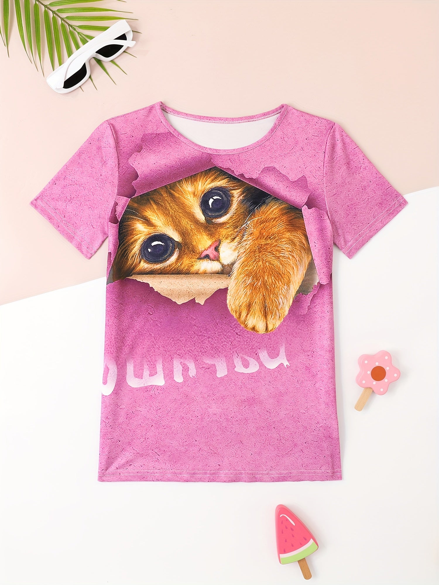 Girls Kitty Graphic Crew Neck T-shirt for Sports Summer
