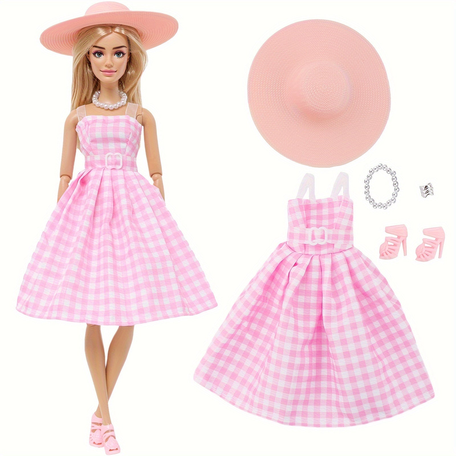 Pink and Plaid Dress Set for 12-inch Dolls with Accessories