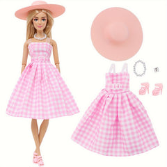 Pink and Plaid Dress Set for 12-inch Dolls with Accessories