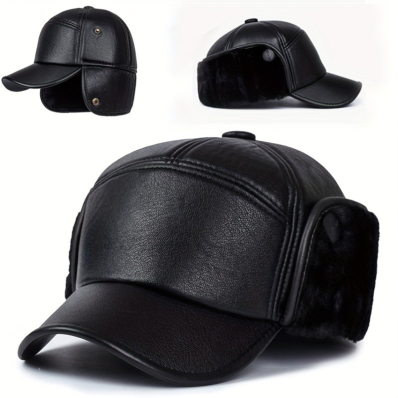 Men's Winter Leather Ear Protection Warm Hat for Elderly