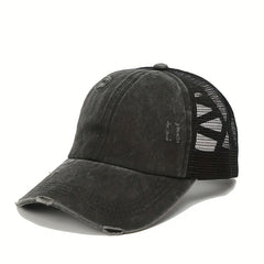 Ripped Ponytail Baseball Cap Washed Distressed Block Sun Hat