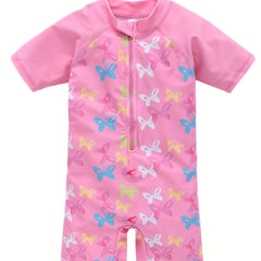One Piece Girls Butterfly Swimsuit, Short Sleeves, Zipper