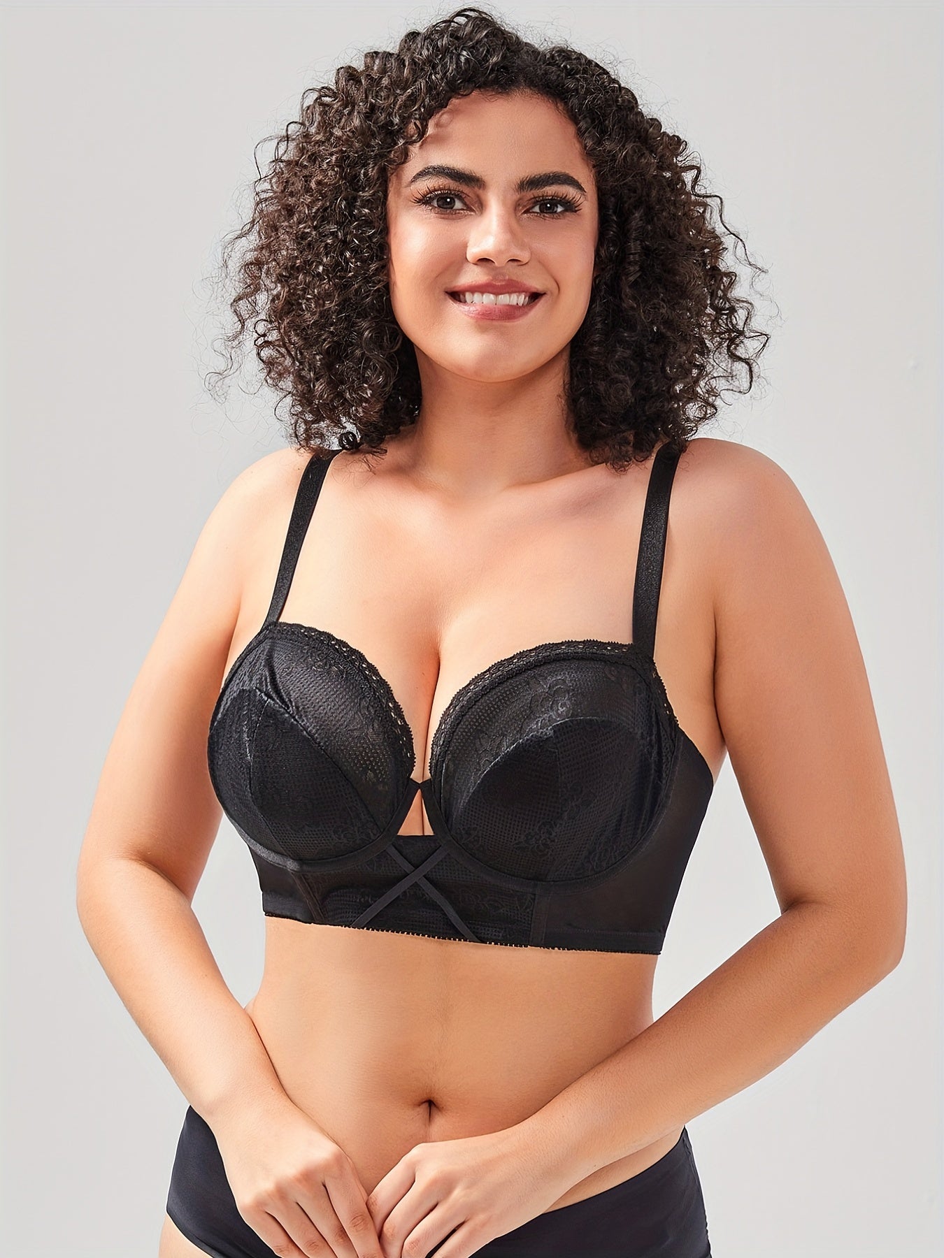 Floral Jacquard Full Coverage Criss Cross Underwire Longline Mesh Bra