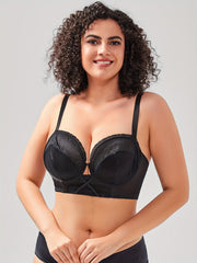Floral Jacquard Full Coverage Criss Cross Underwire Longline Mesh Bra