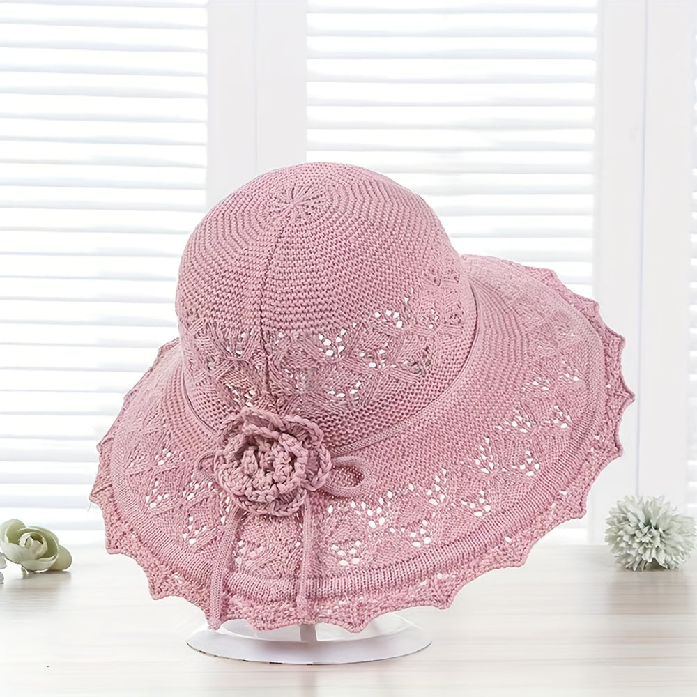 Pink Knitted Flower Sun Hat Hollow Breathable Foldable Bucket Hat