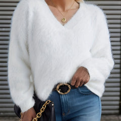 Solid Eyelash V-Neck Sweater Long Sleeve Jumper