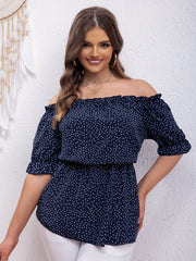 Dot Print Ruffle Trim Off Shoulder Peplum Top