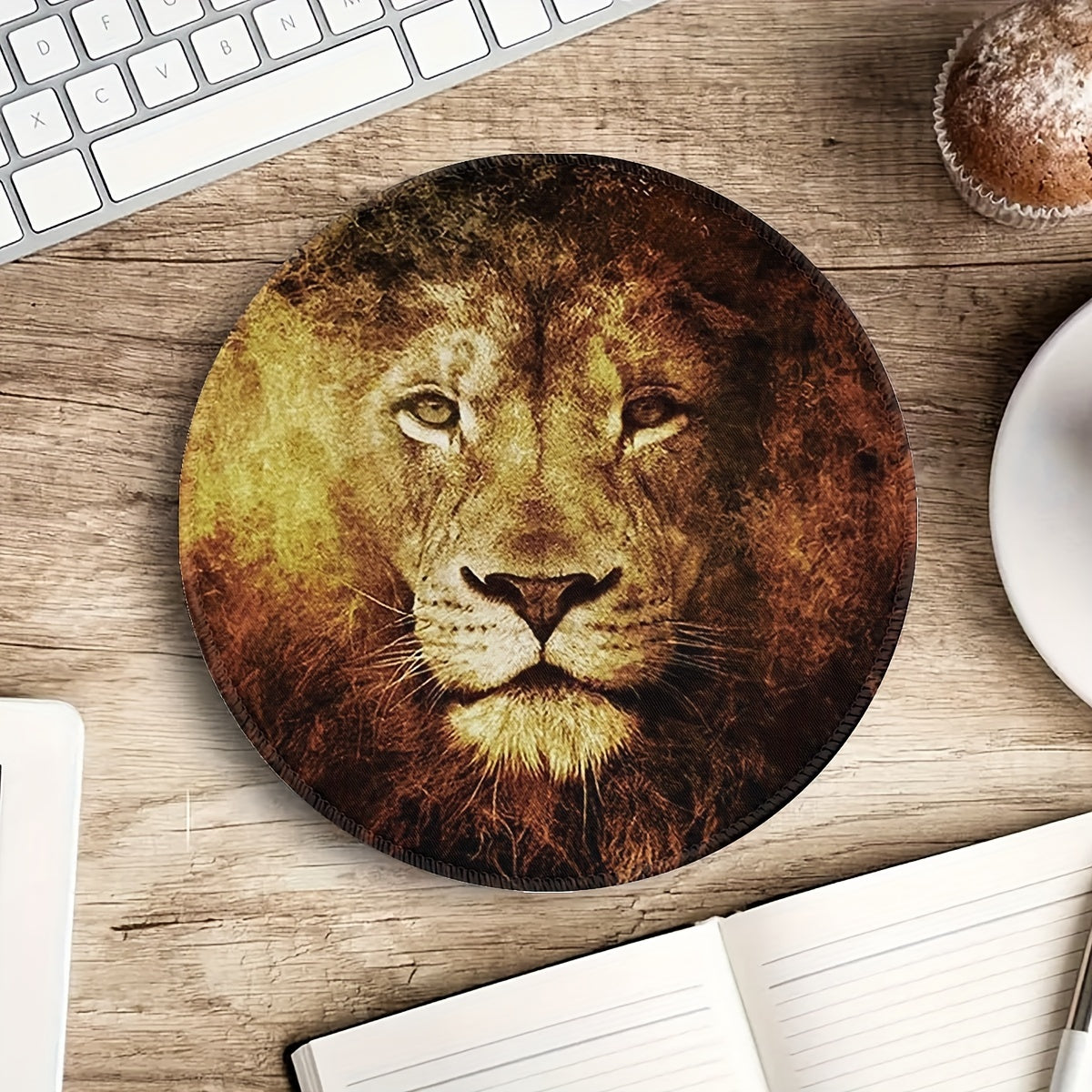 Flame Lion Pattern Mouse Pad Round Mouse Mat Non Slip Rubber Base Mousepad
