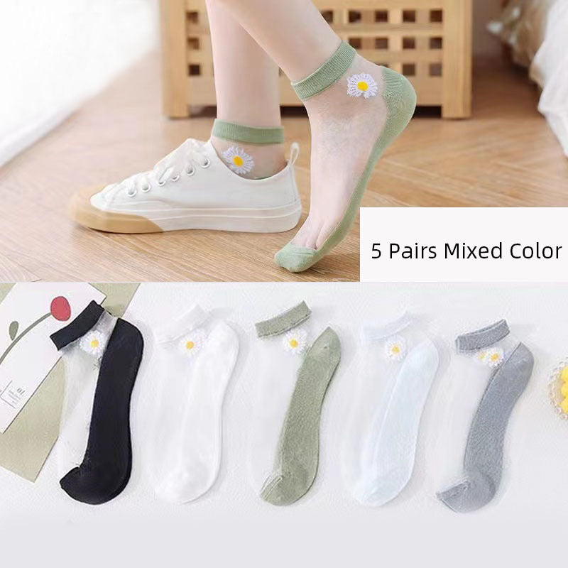 5 Pairs Chrysanthemum Print Sheer Ankle Socks Women's Stockings & Hosiery