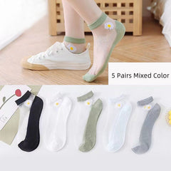 5 Pairs Chrysanthemum Print Sheer Ankle Socks Women's Stockings & Hosiery