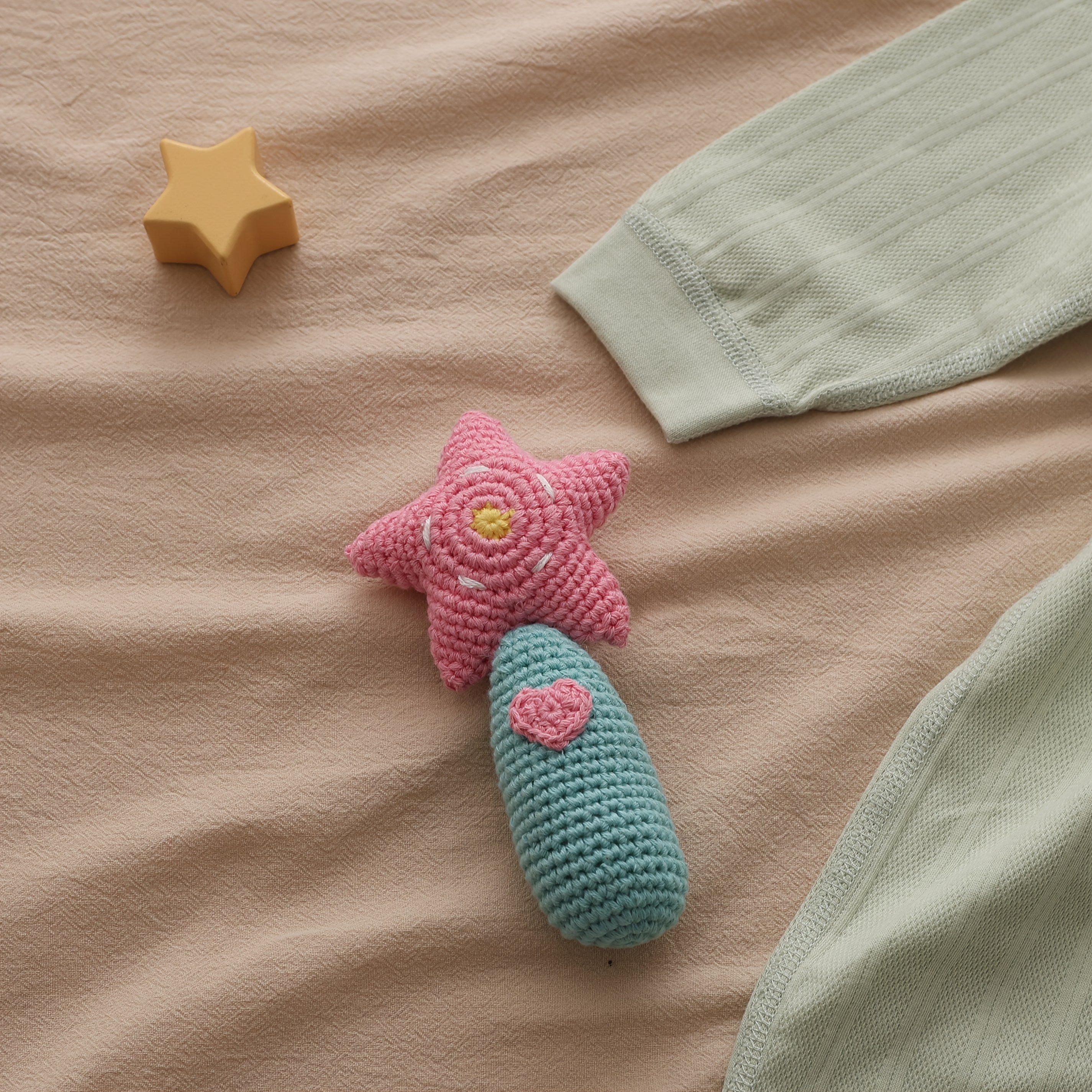 Soft Teething Toy Crocheted Star & Heart Pastel Colors Bell Youngsters Toy