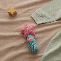 Soft Teething Toy Crocheted Star & Heart Pastel Colors Bell Youngsters Toy