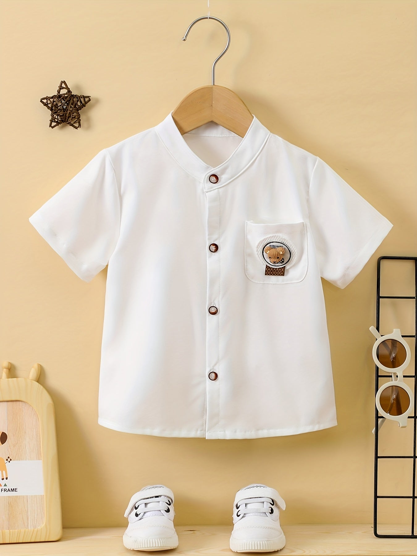 Baby Boys Bear Pattern Short Sleeve Button up Shirt for Summer