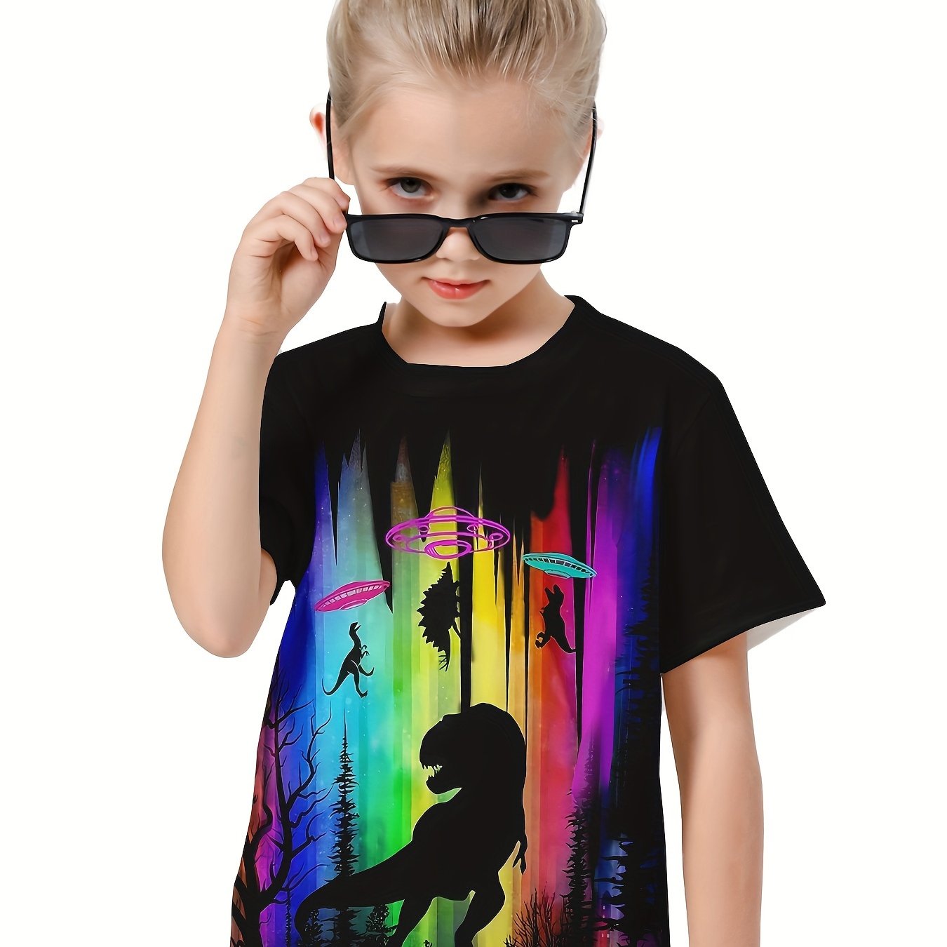 Rainbow Dino Graphic Crew Neck T-shirt Girls Casual Summer Tops