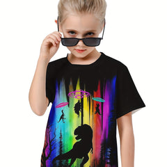 Rainbow Dino Graphic Crew Neck T-shirt Girls Casual Summer Tops
