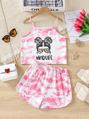 Girls Tie Dye Shorts Suit Graphic Cami Top & Shorts Set Kids Clothes