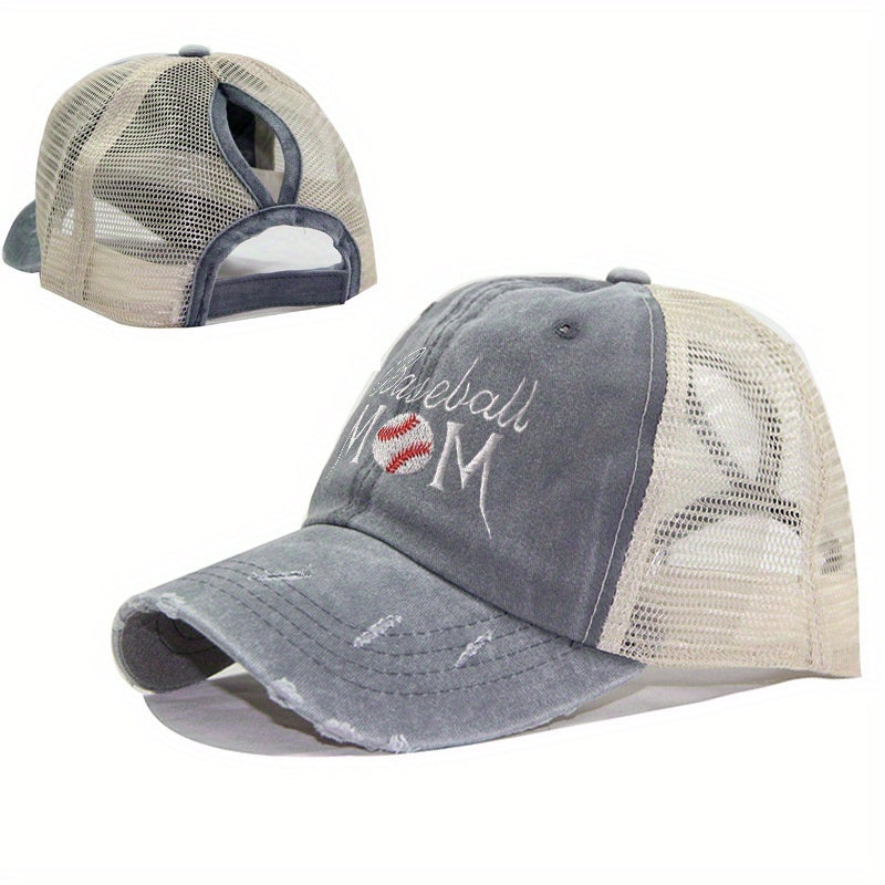 Mom Embroidery Ponytail Trucker Hat Distressed Softball Mom Baseball Cap