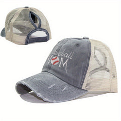 Mom Embroidery Ponytail Trucker Hat Distressed Softball Mom Baseball Cap