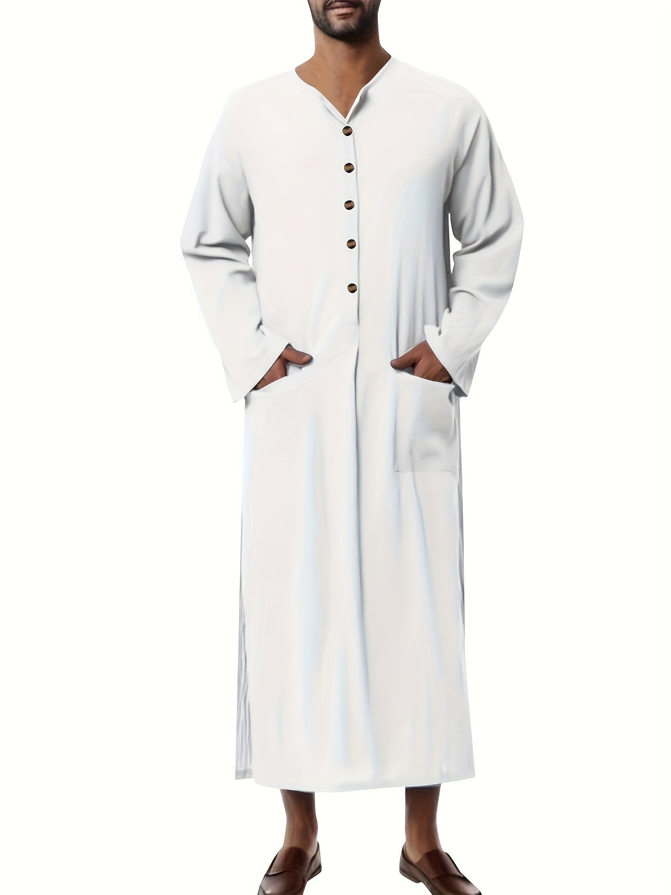 Cotton Muslim Men Long Sleeve Thobe Saudi Arab Kaftan Islamic Dubai Robe