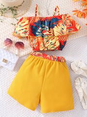 Girls Hawaiian Graphic Ruffle Top & Belted Shorts Set for Party Vacation