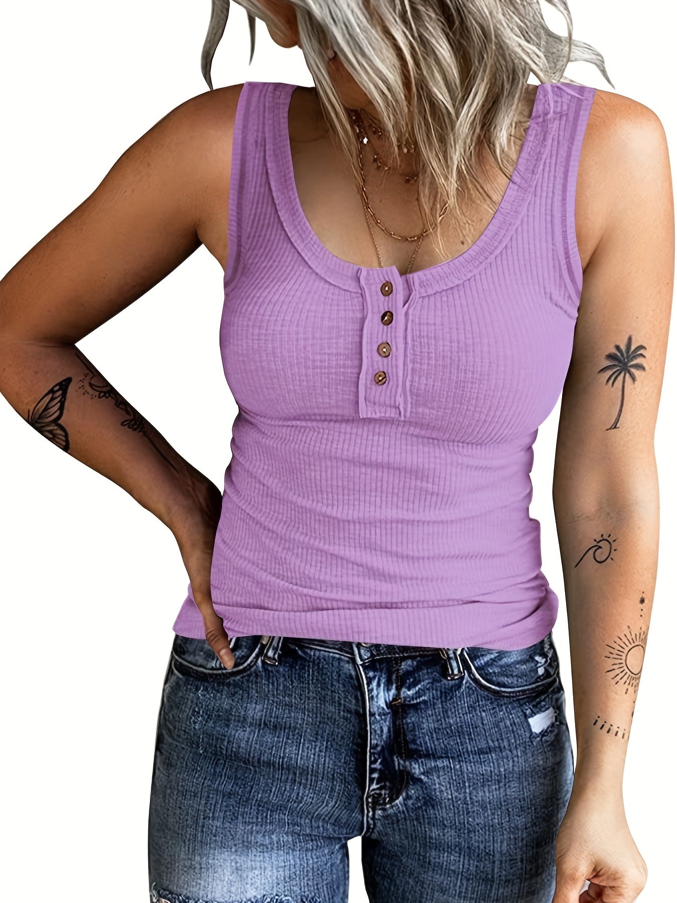 Ribbed Button Front Tank Top Sleeveless Crew Neck Casual Summer Women's Clothing