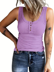 Ribbed Button Front Tank Top Sleeveless Crew Neck Casual Summer Women's Clothing