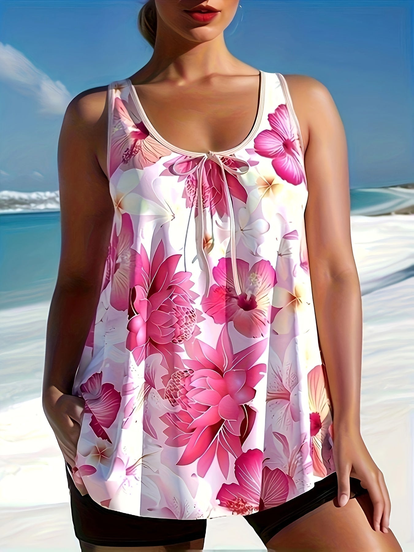 Floral Tankini Set Knot Neck Tank Top & Shorts 2 Piece Swimsuit