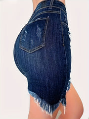Casual Denim Shirt & Solid Ripped Denim Skirt Set