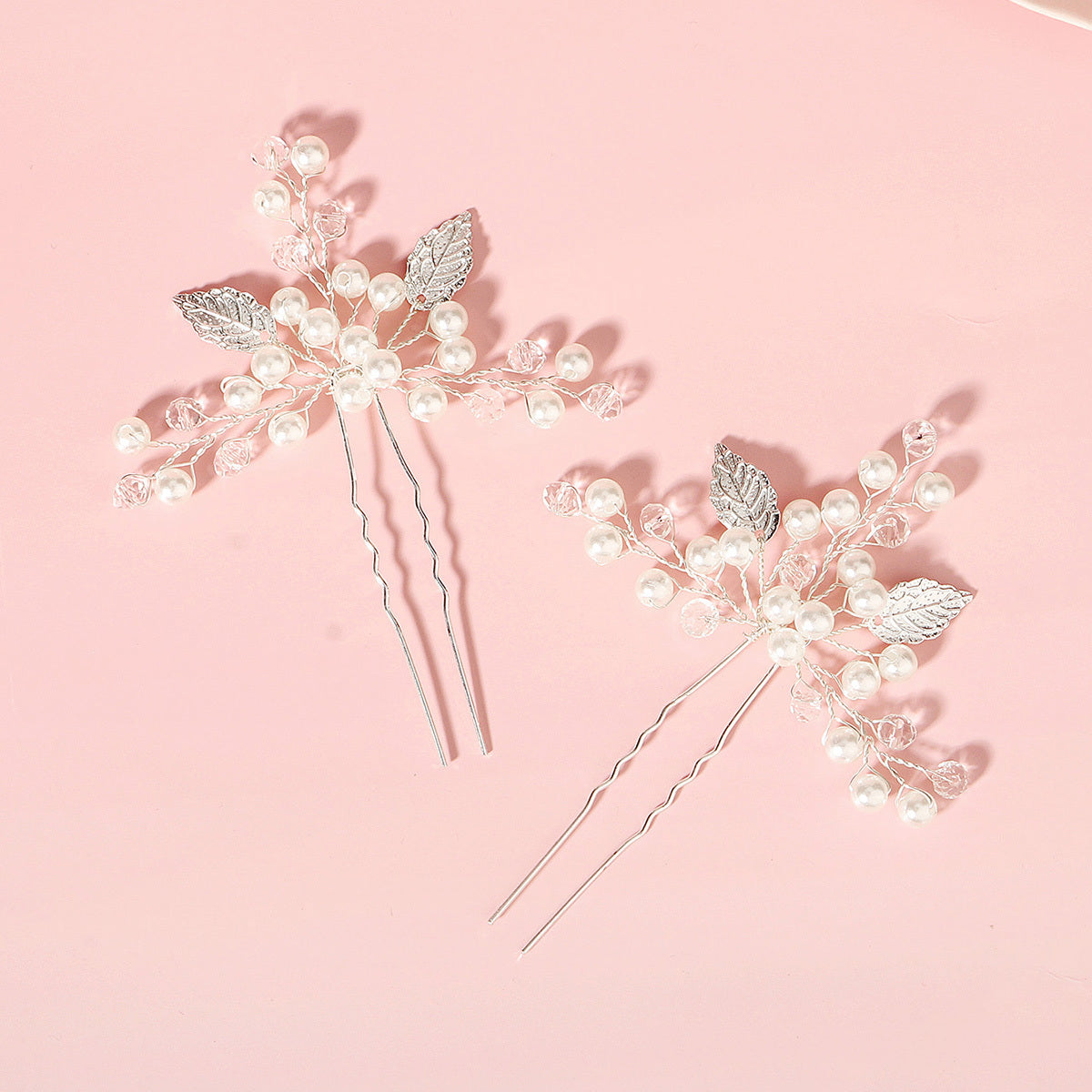 2pcs Silver Pearl Bridal Hair Pins Leaf Hair Accessories