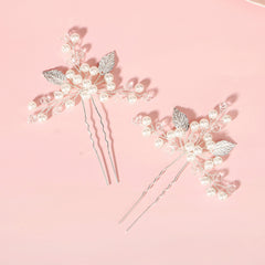 2pcs Silver Pearl Bridal Hair Pins Leaf Hair Accessories