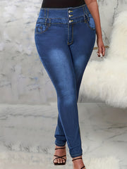 High Rise Button Fly Skinny Jeans Women's Plus Medium Stretch