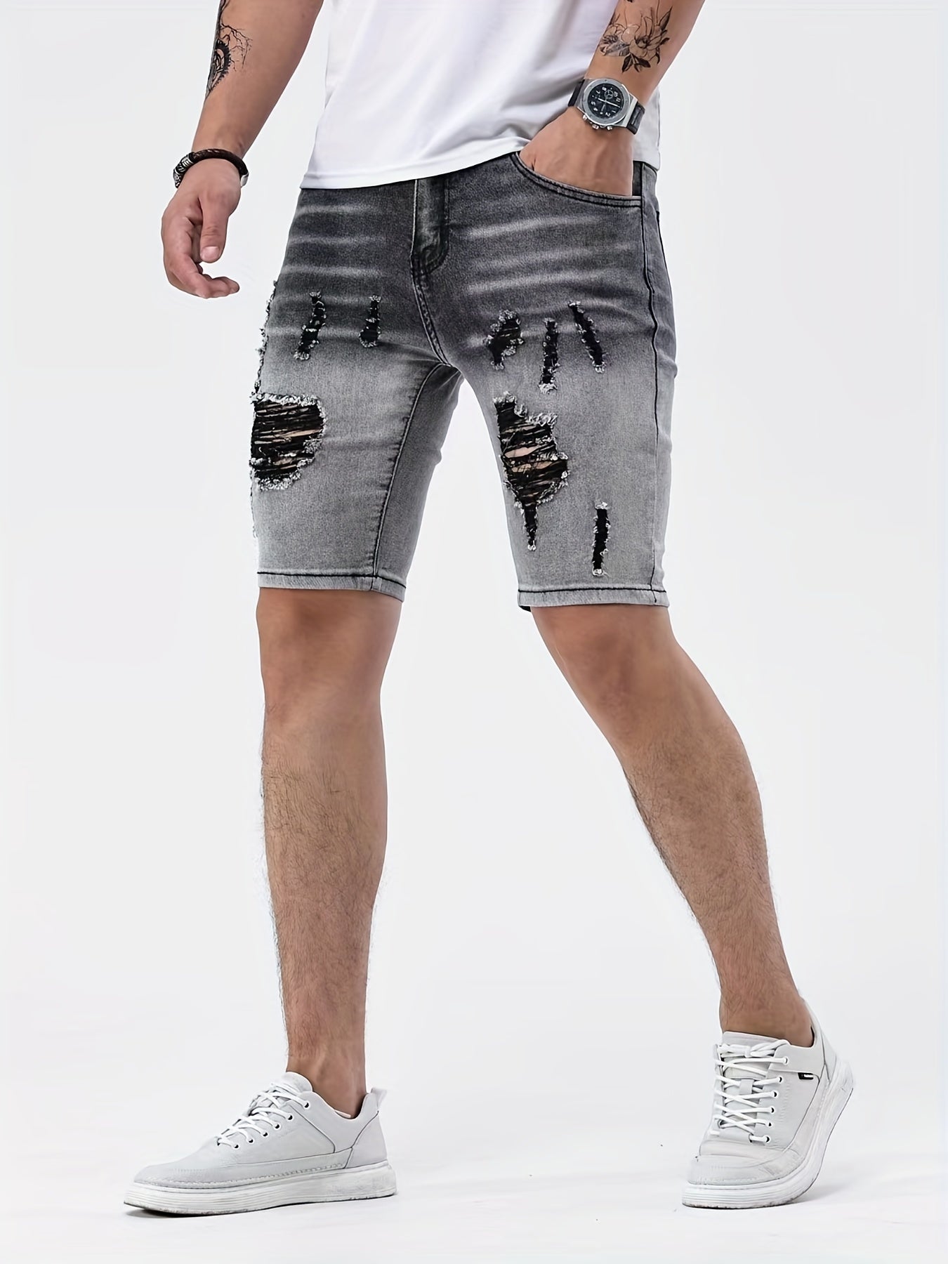 Men's Slim Fit Ripped Denim Shorts - Casual Street Style Distressed Denim Shorts