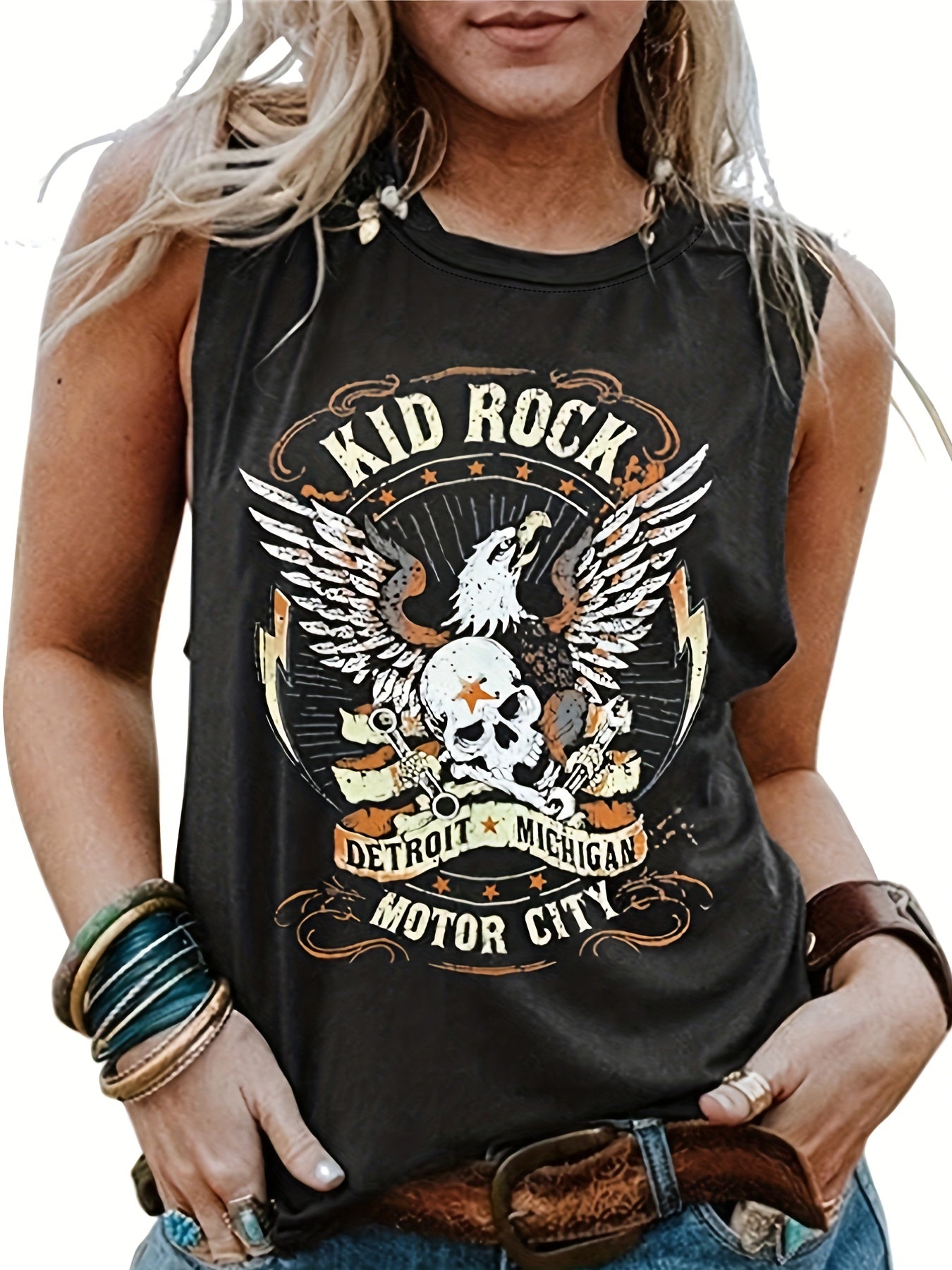 Rock Graphic Print Vest Crew Neck Casual Top Women's Clothing