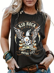 Rock Graphic Print Vest Crew Neck Casual Top Women's Clothing