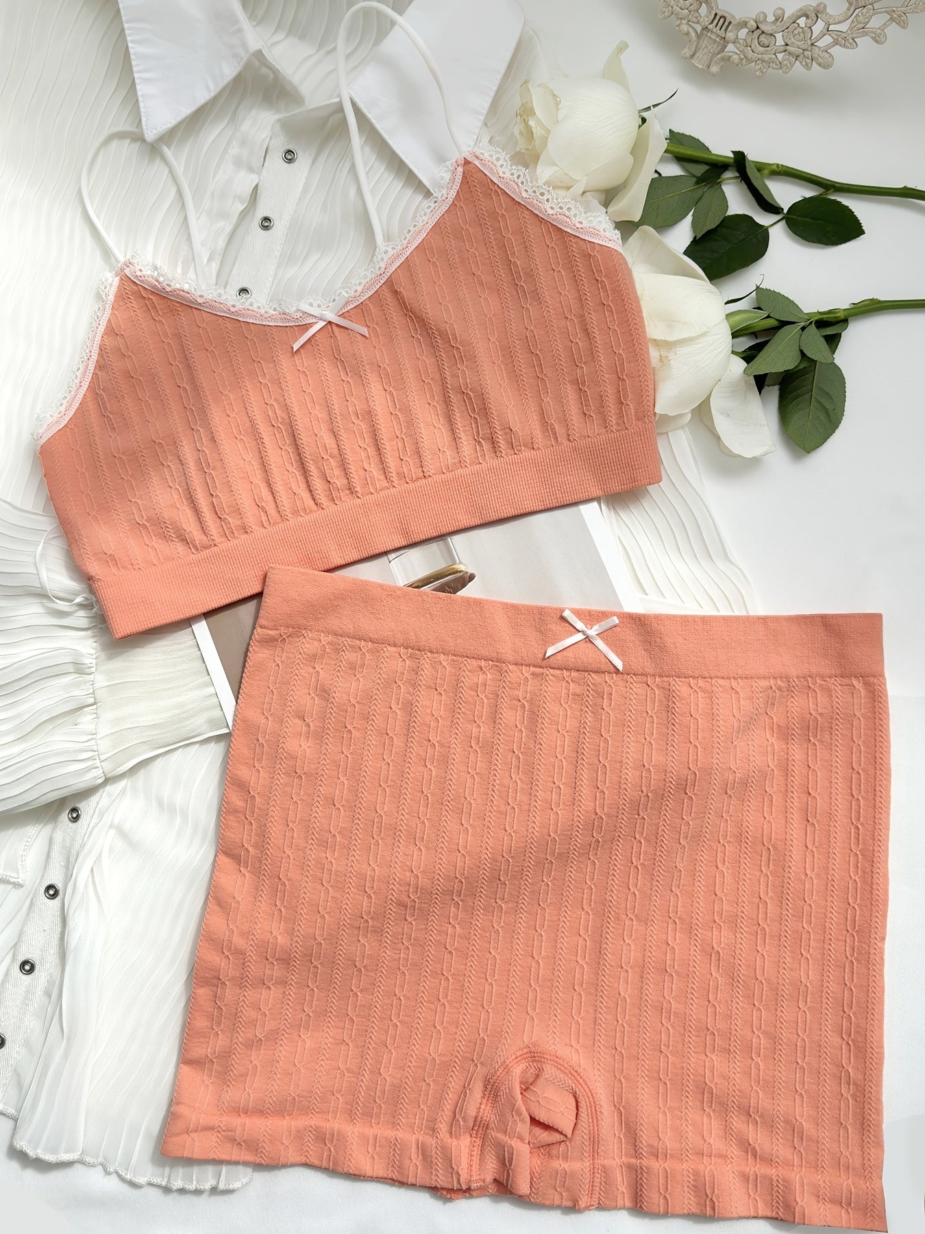 Wireless Lace Trim Cami Bra Boyshorts Set