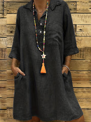 Solid Button Front Dress Casual 3 4 Sleeve Dress With Pockets Women's Clothing
