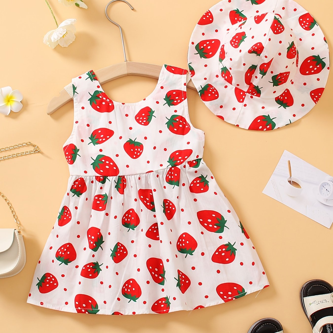Girls Strawberry Print Sleeveless Dress & Hat Set
