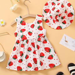 Girls Strawberry Print Sleeveless Dress & Hat Set