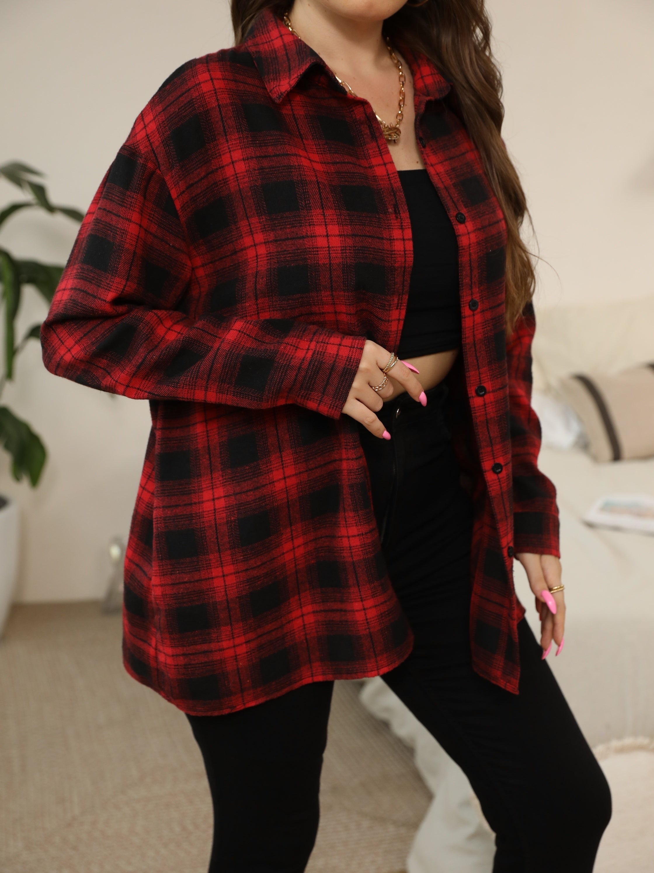 Plaid Print Long Sleeve Tunic Shirt