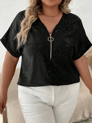 Women's Plus Sequin Zipper Short Sleeve V Neck Tunic Top