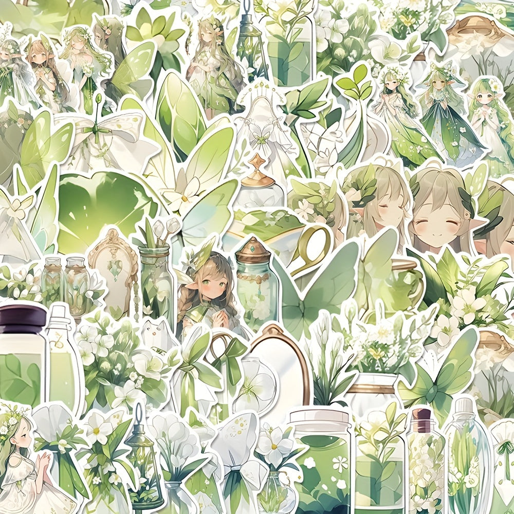 60pcs Green Flower And Elf PVC Cartoon Stickers For Kids Laptop Decoration