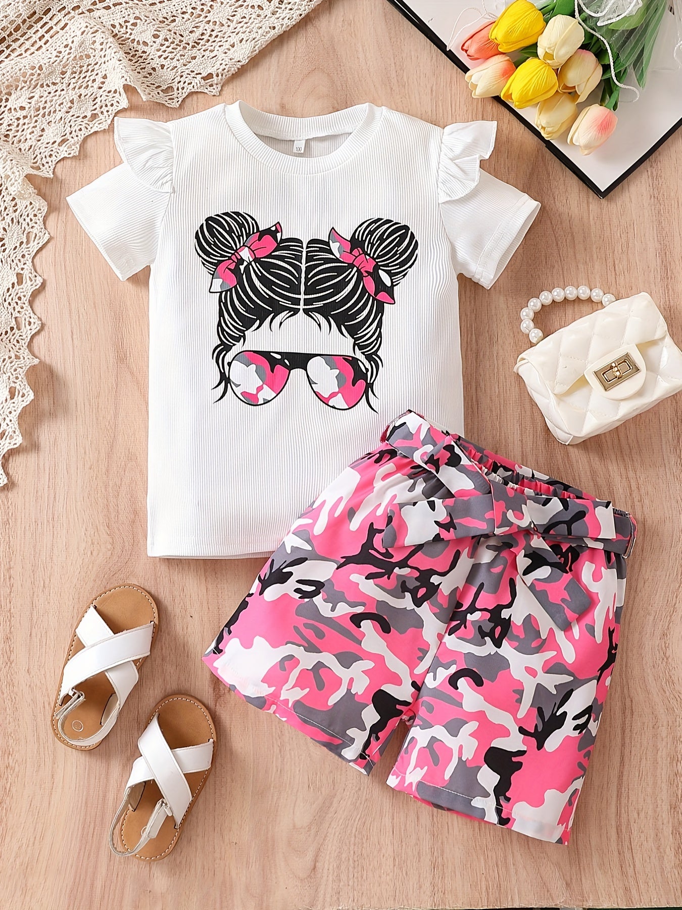 Girls Cartoon Girl Graphic Top & Camo Shorts Set
