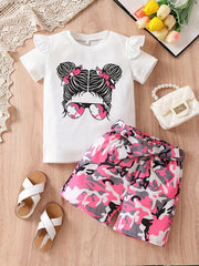 Girls Cartoon Girl Graphic Top & Camo Shorts Set