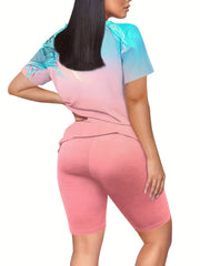 Spring & Summer 2pc Set V Neck Tee & Slim Shorts Outfit