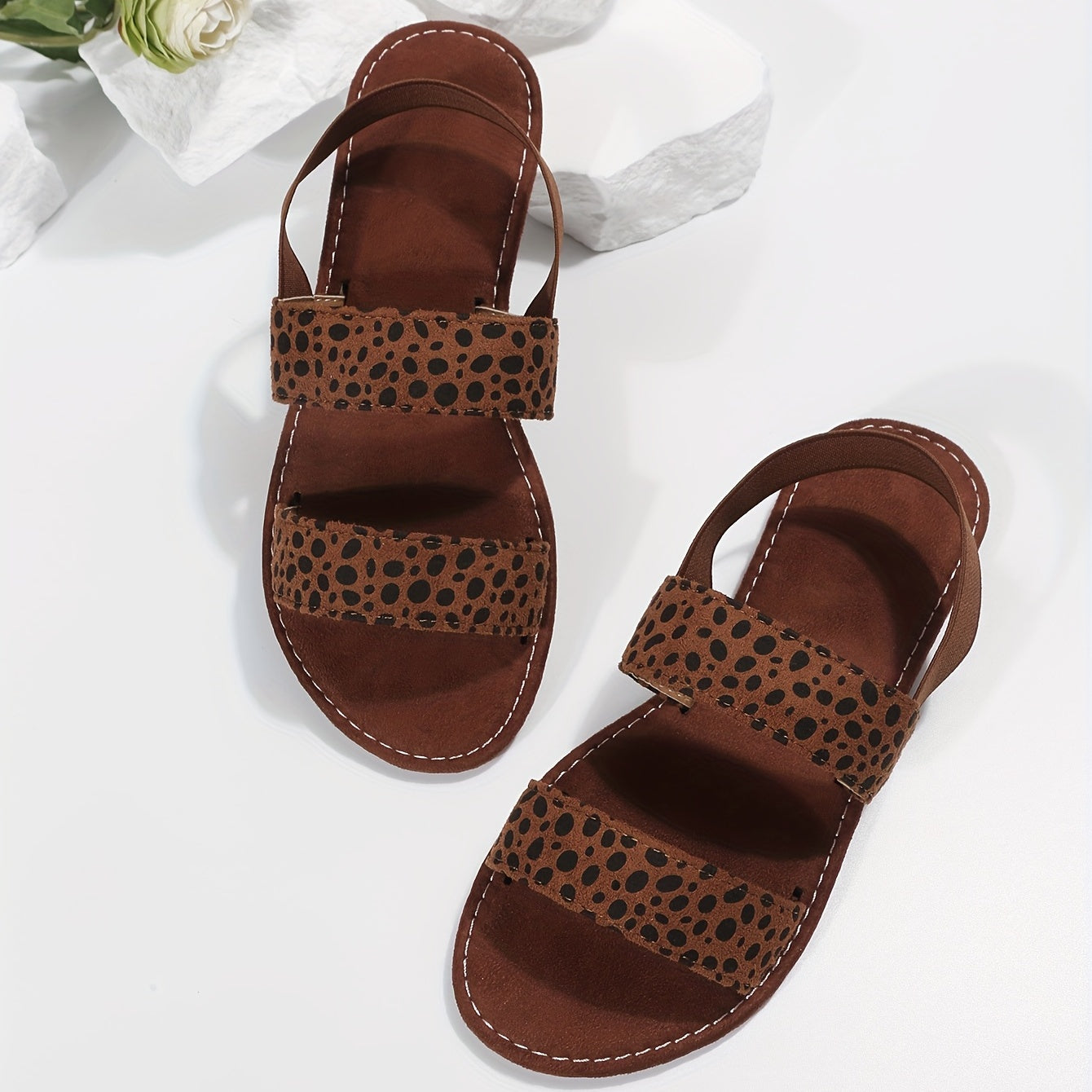 Leopard Print Flat Sandals Elastic Strap Slip On Shoes